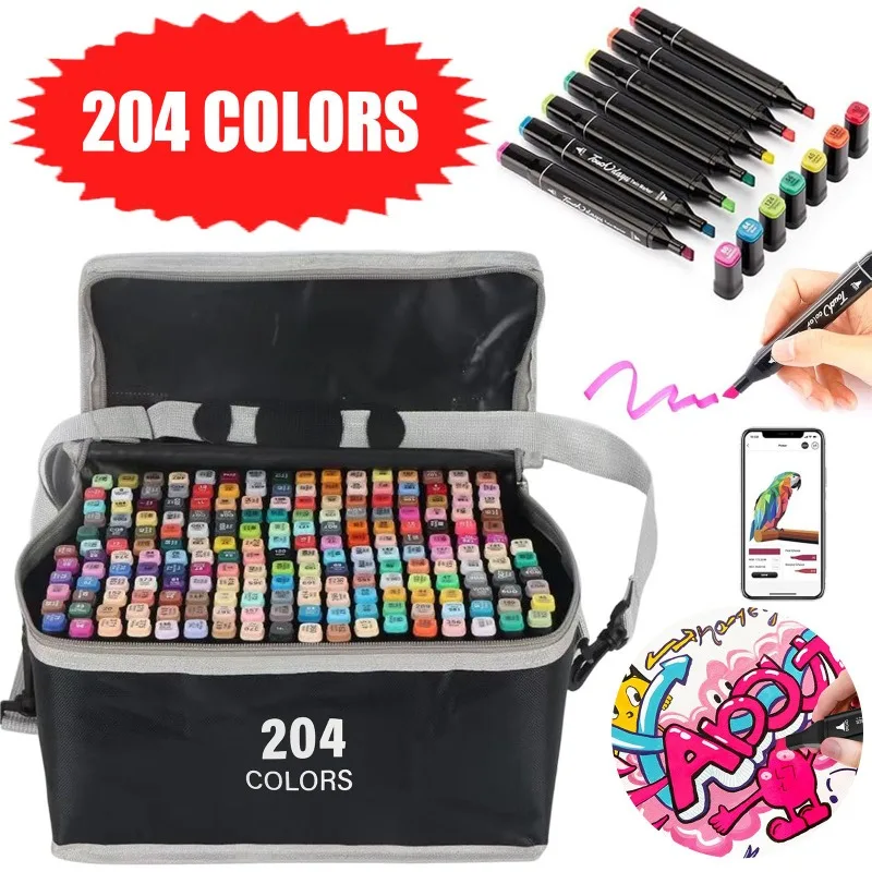 204-Farben-Doppelspitzen-Marker-Set – Doppelseitige Skizzier- und Farbmarker, inklusive tragbarer Schultertasche – Professionelles Kunstzubehör für Künstler, Manga-Erstellung, Skizzierübungen und
