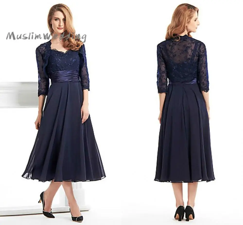 Stylish Navy Blue Mother Of The Bride Dresses With Lace Jacket Tea Length Chiffon Beach Wedding Guest Dress Evening Customized