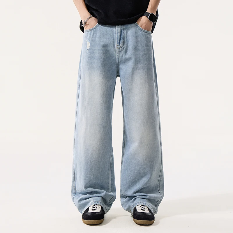 

Мужские джинсы в американском стиле, светло-голубые, с эффектом потертости, свободные, широкие, прямые, модные, повседневные, шикарные, новые