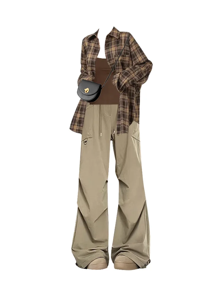 Modny zestaw damski na jesień: krata, nowy styl, seksowny, stylizowany na styl spicy girl, pasujący do kamizelki, spodnie robocze z prostymi nogawkami i szerokimi nogawkami.