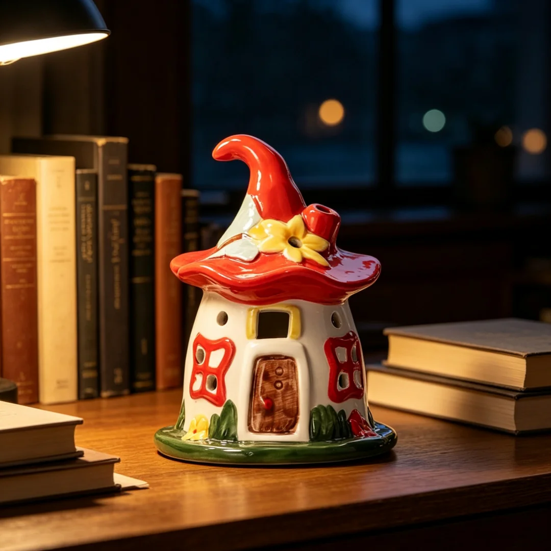 Ceramic Witch Hat Fairy House Night Light, Battery Powered Cute Desktop Ornament ， Creative Gift for Girls Kids Bedroom