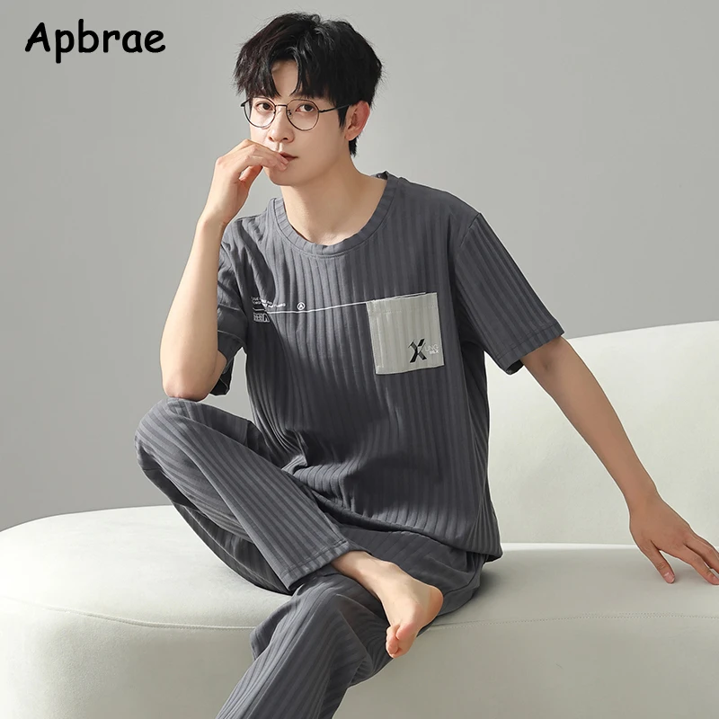 Spring Autumn Men Pajamas Soft Short Sleeves Long Plaid Pants Pajama Sets Plus Size L-3XL Man Homewear O-neck Man Homeclothes