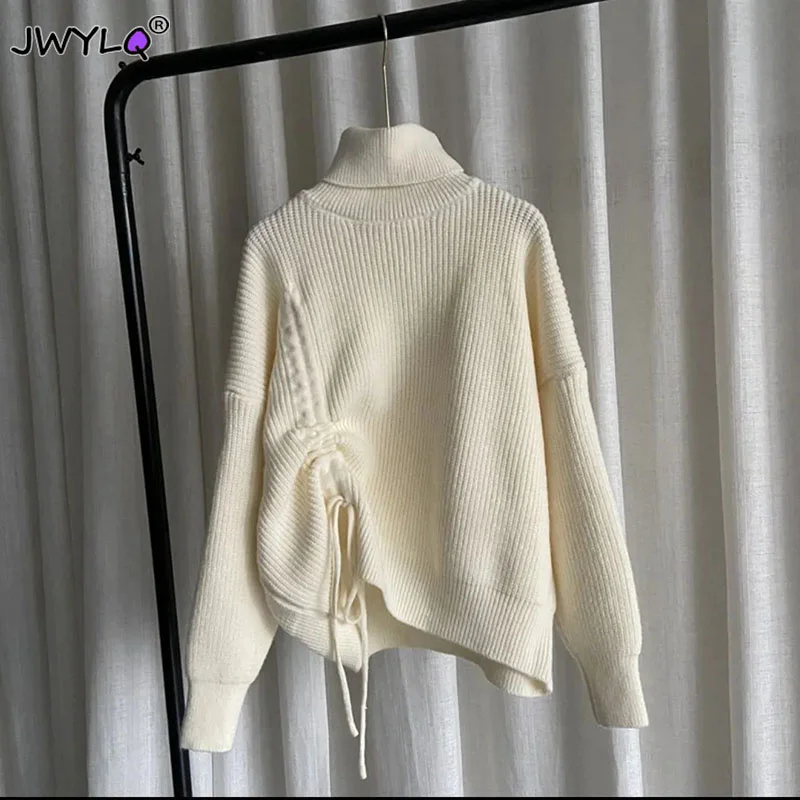 

Casual Khaki Turtle Neck Loose Soft Minimalist Long Sleeve Drawstring Loose Pullover Knitting Sweater 2022 Autumn Y2k Sweaters