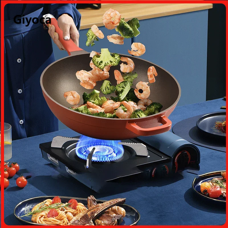 

Giyoca Spot Goods Wok Frying Pan Non Stick Titanium Coating Aluminum Saucepan with Lid&Anti-scald Handle Large Capacity Skillet