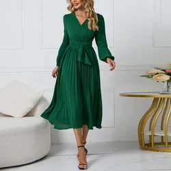 2023 New Autumn Elegant Fashion Solid V-neck Pleated Belt Comfortable Lantern Long Sleeve Temperament Commuter Fit Women's Dress
