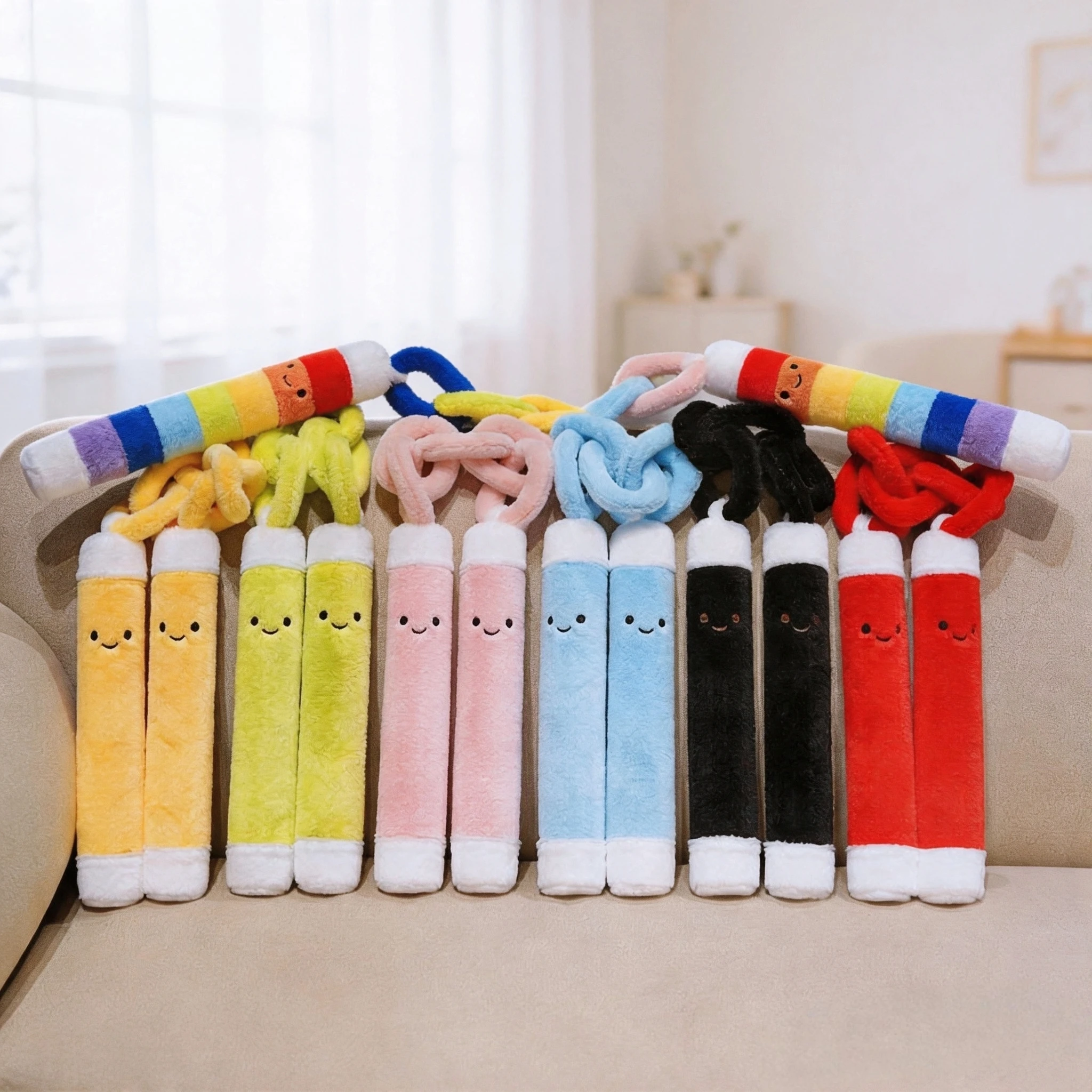 Kawaii Cute Plush Nunchucks Toy Cartoon Soft Healing Double Stick with Colorful Chain 7 Colors Stress Toy Photo Prop Kids Gift