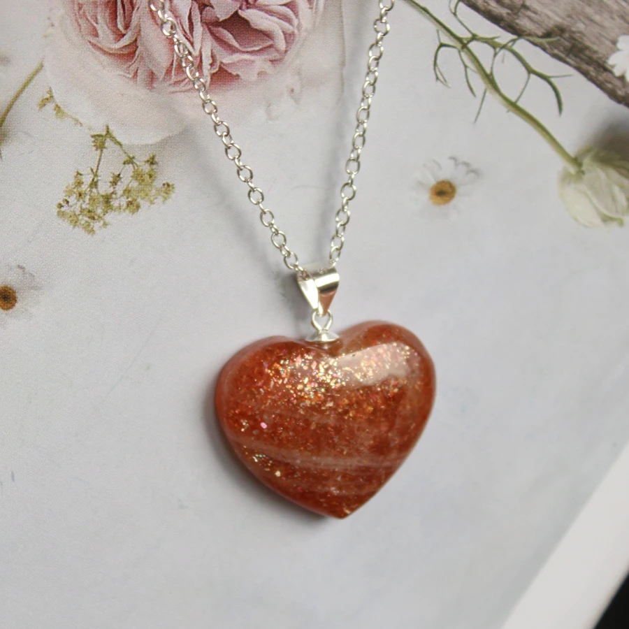 925 Silver Buckle With Quality Natural Sunstone Crystal Healing Heart Shape Gemstone Pendant Special Jewelry For Gift