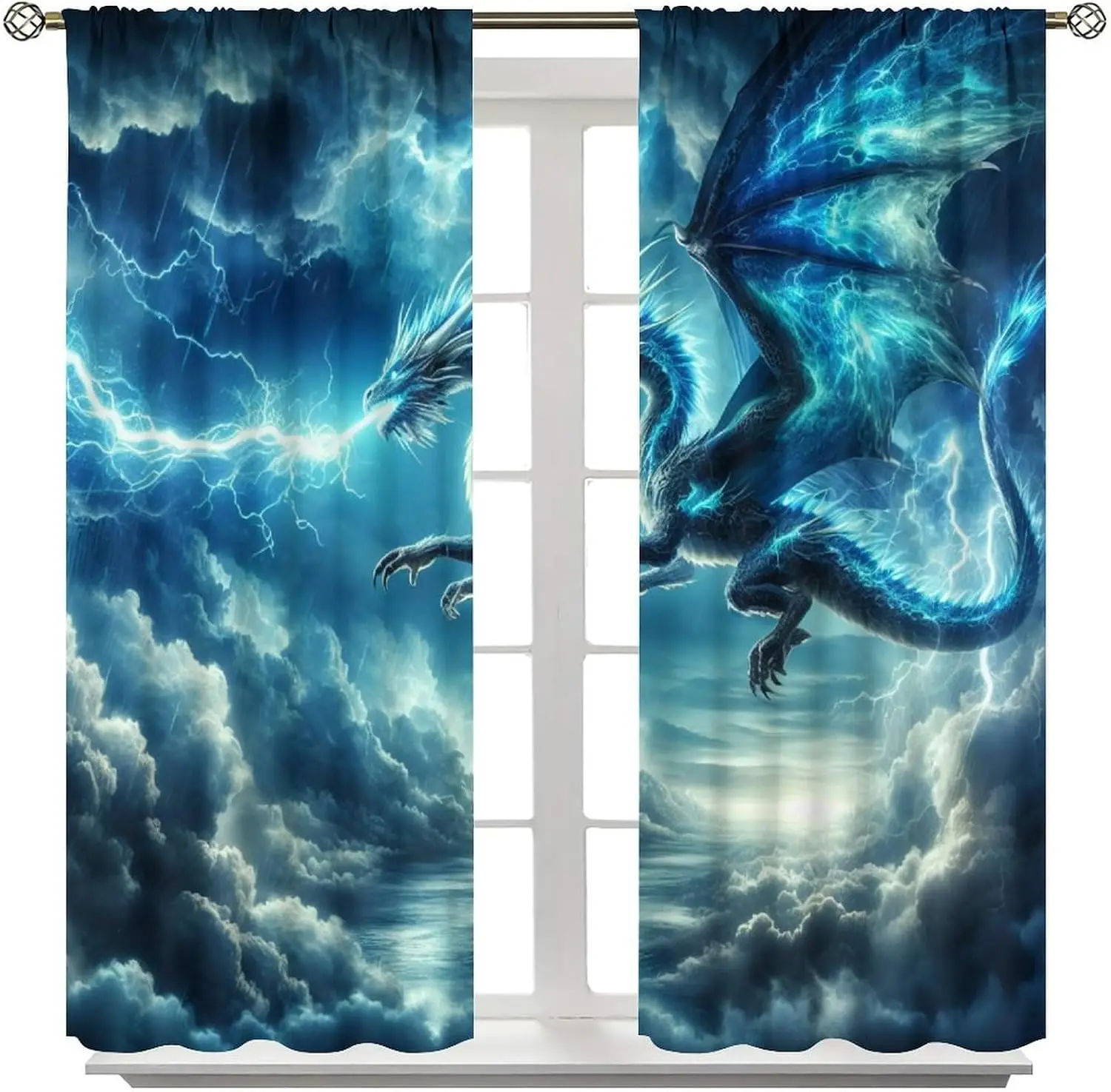 Dramatic Blue Dragon Fantasy Lightning Curtains Stormy Sky Cinematic Window Curtain Decor Room Drapery Curtain