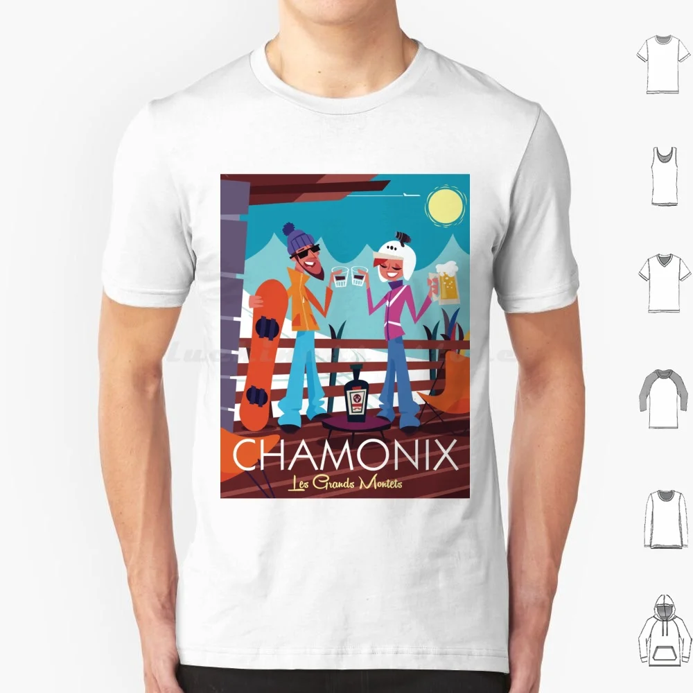 T-Shirt Con Poster Chamonix Les Grands Montets, Taglia Grande, 100% Cotone, Chamonix Grand Montets Snow Snowboarders Apres Drinks Savoie