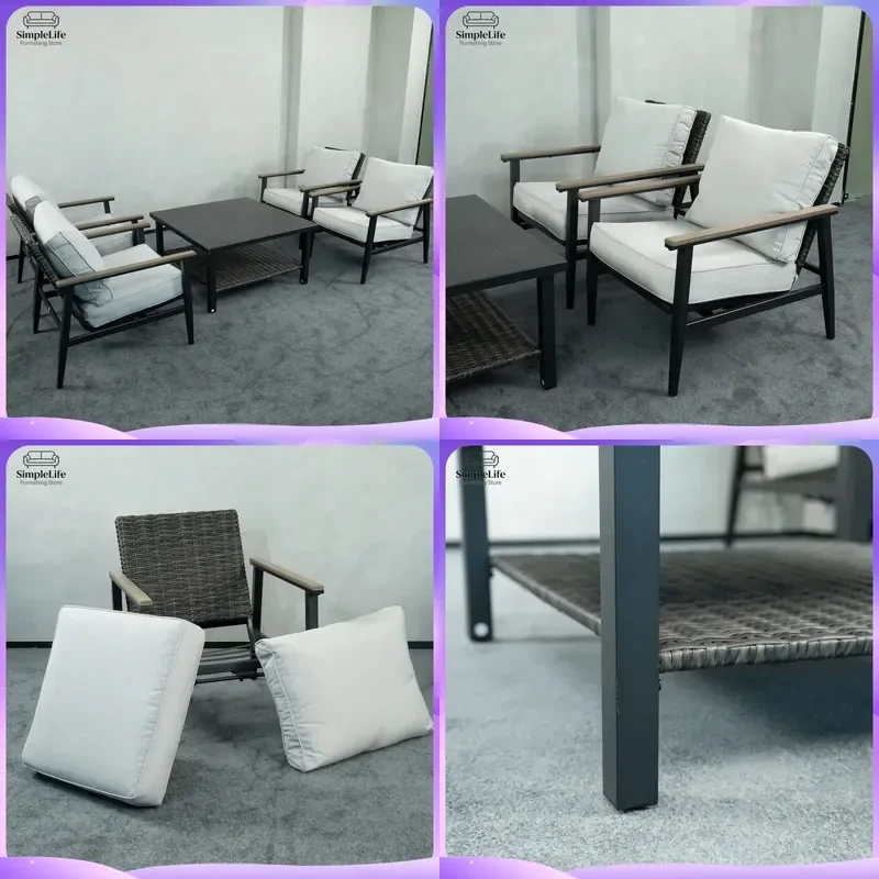 Rust Proof Waterproof Wrought Iron Outdoor Sofa Set with Coffee Table and Cushions for Balcony Courtyard Garden Patio