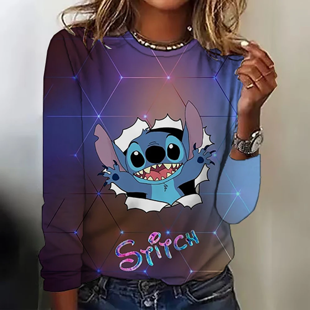 Kawaii Lilo Stitch Print Women\'s T-shirt Women\'s Long Sleeve T-shirt Casual O-Neck Ohana Stitch Disney T-shirt