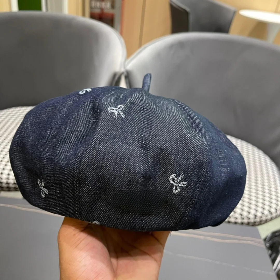

Denim Large Head Beret Women Blue Autumn Winter Bowknot Korean Retro Date Outdoor Face-fitting Holiday Gift Fashionable