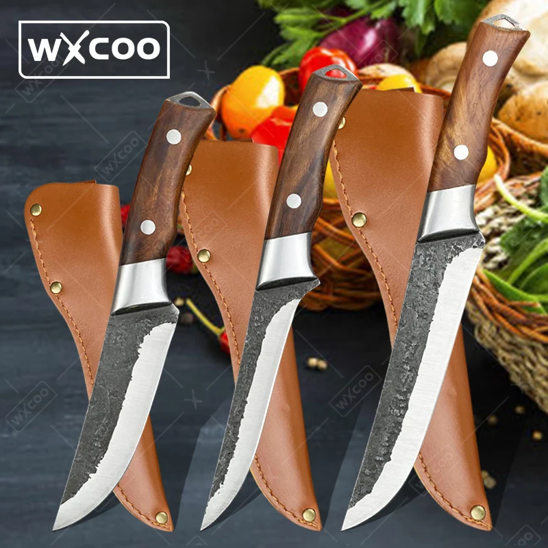 

Professional Barbecue Knife Hand Forged Butcher Cleaver Knife Fruit Meat Bone Shaving Knives Boning Cutting Tool Wooden Handle