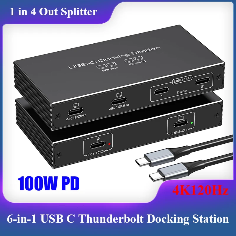 

USB-C разветвитель для двух мониторов 4K120Гц, док-станция Thunderbolt 6-в-1, двойной USB-C порт, 100W PD