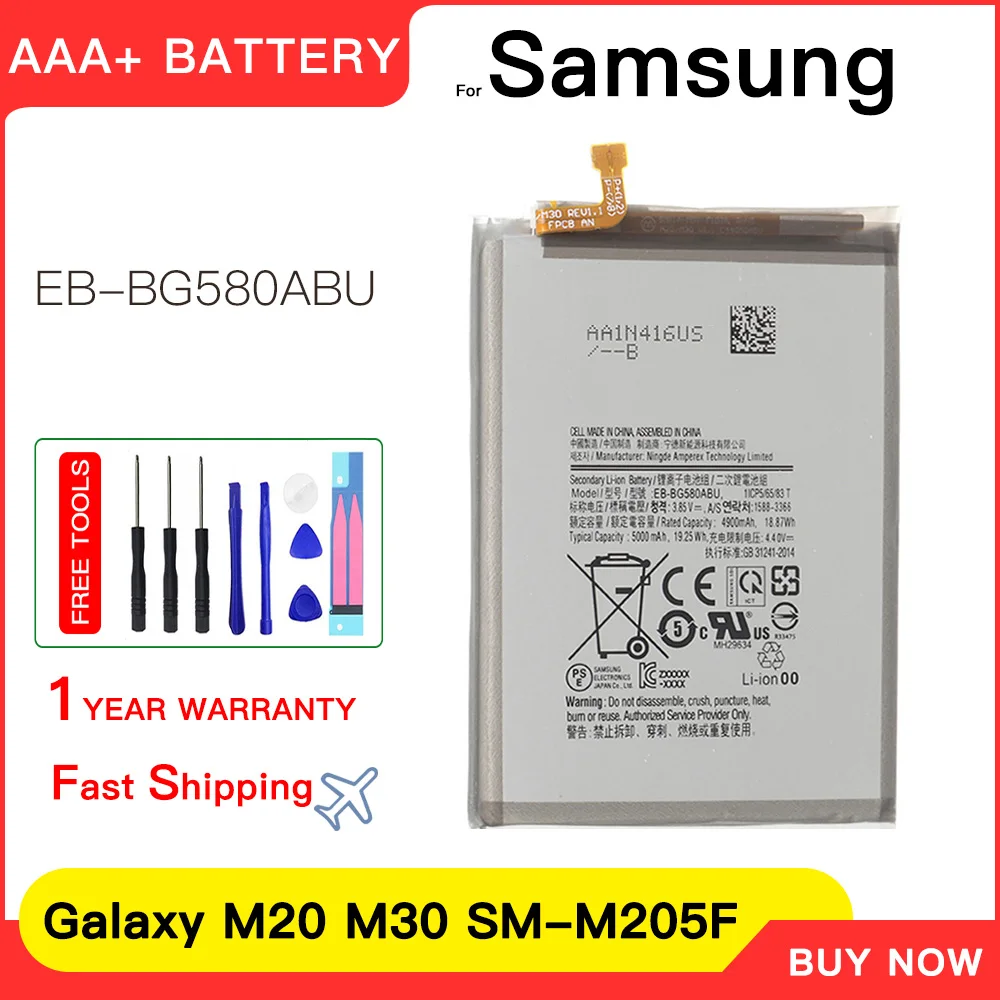 

Genuine EB-BG580ABU 5000mAh Replacement Mobile Phone Battery For Samsung Galaxy M20 M30 M205F SM-M205F/DS/FN/G Batteries+Tools