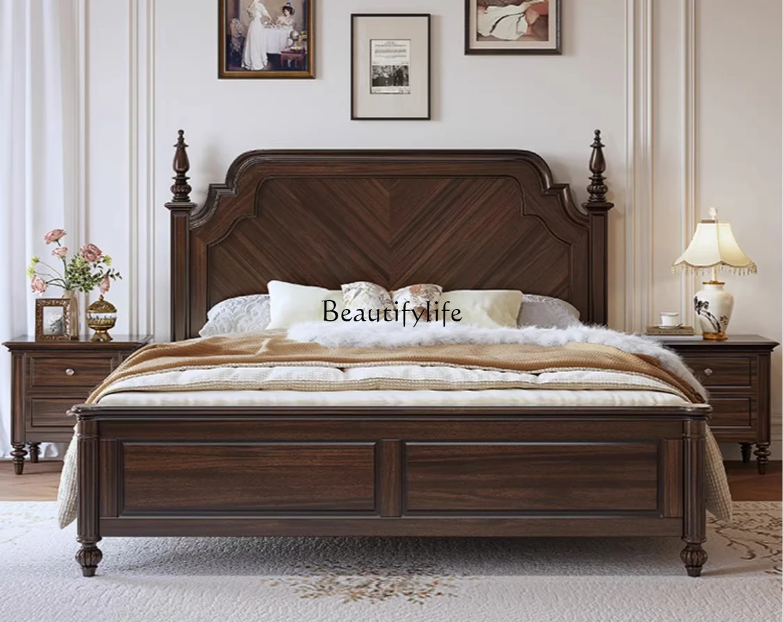 

American Country Solid Wood Bed retro casual Master Bedroom Big Bed Black Walnut
