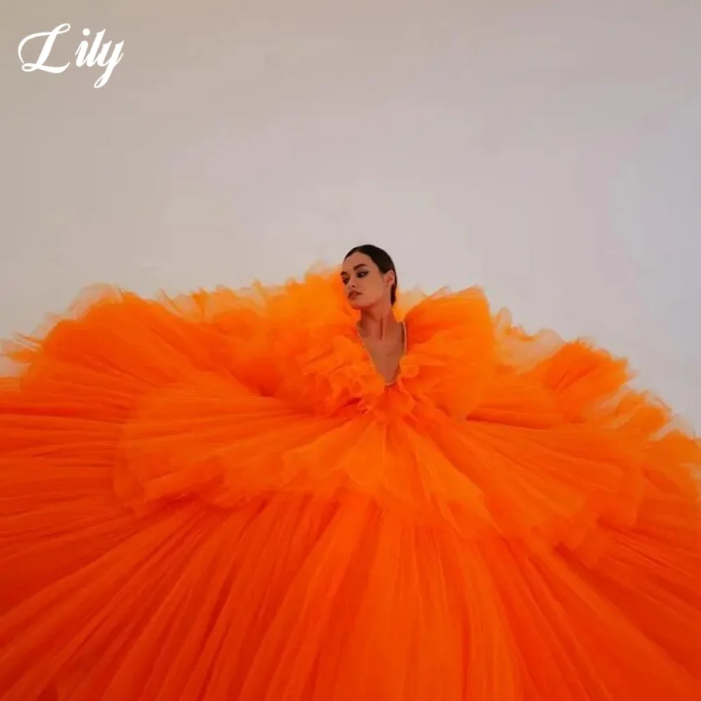 Lily – robe de soirée élégante, couleur Orange, col en v, robe formelle, ligne a, superposée, plissée, traînante, personnalisée