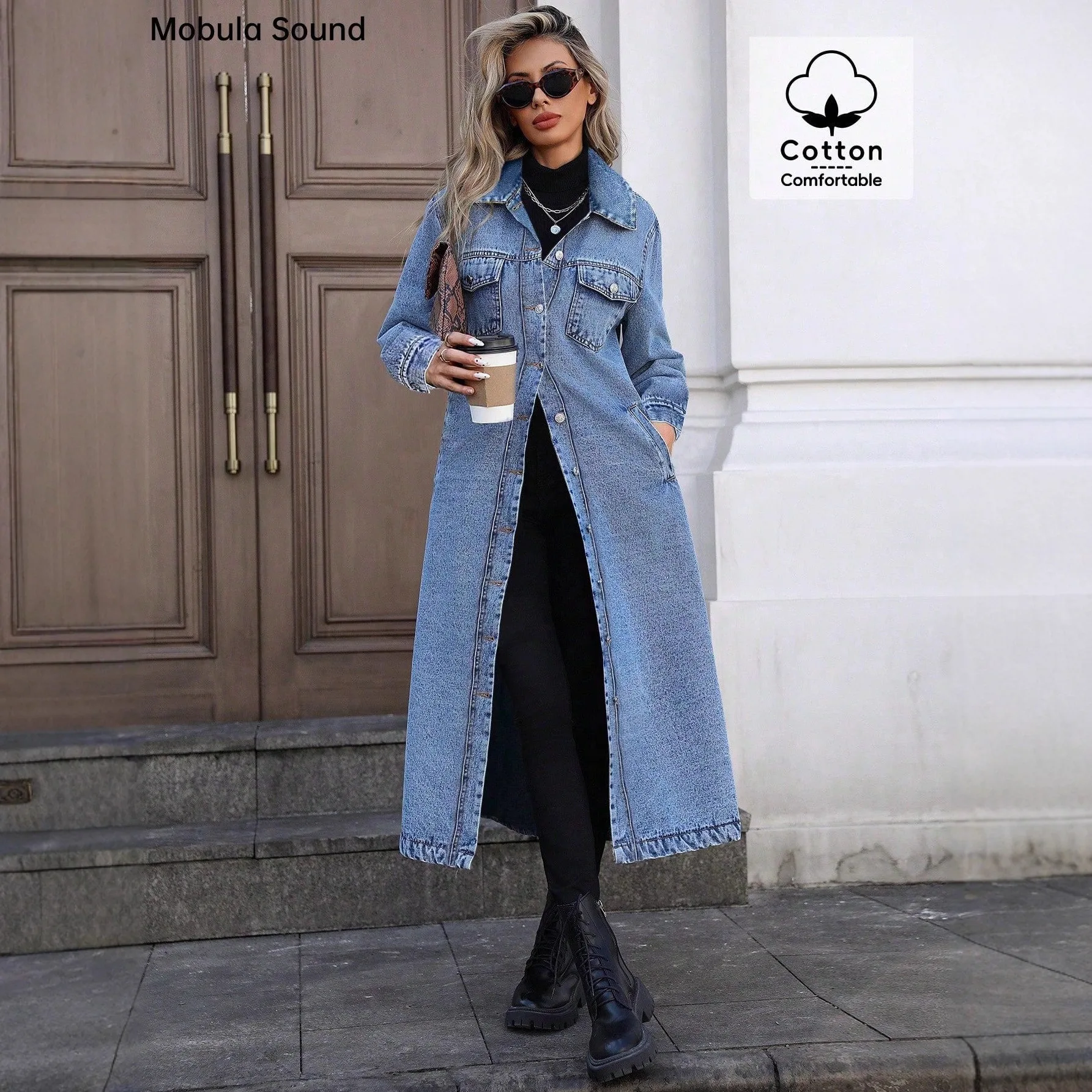 

Women Denim Jacket Retro Mid Length Turn-down Collar Button-down Outerwear Solid Color Long Sleeve Coat with Chest Pockets