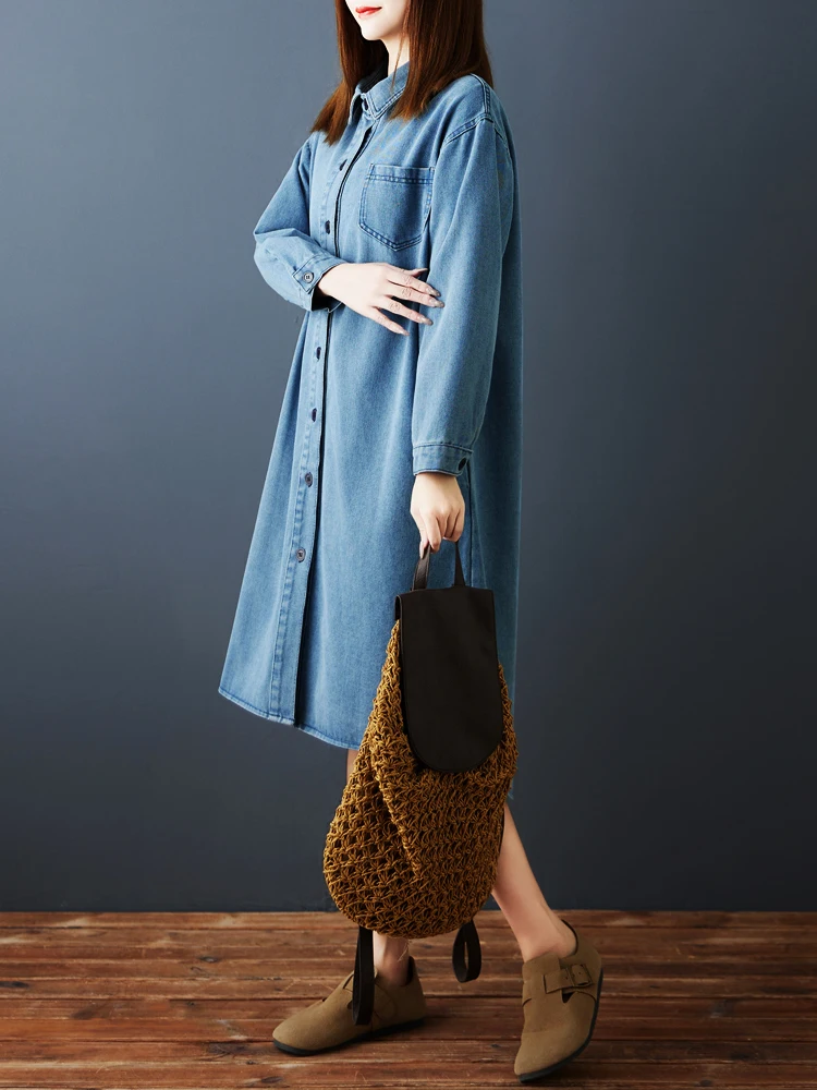Winter Herbst Koreanische Mode frauen Denim Kleid Einfarbig Langarm Einfache Grund Lose Beiläufige Weibliche Vintage Kleid Roben