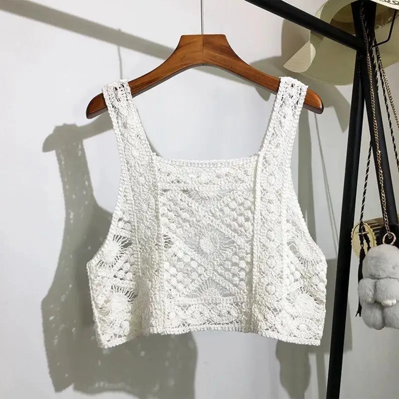 P8DB Women Vintage Crochet Camisole Bohemian Hollow Out Geometry Floral Knitted Vest Sleeveless Crop Top Beachwear