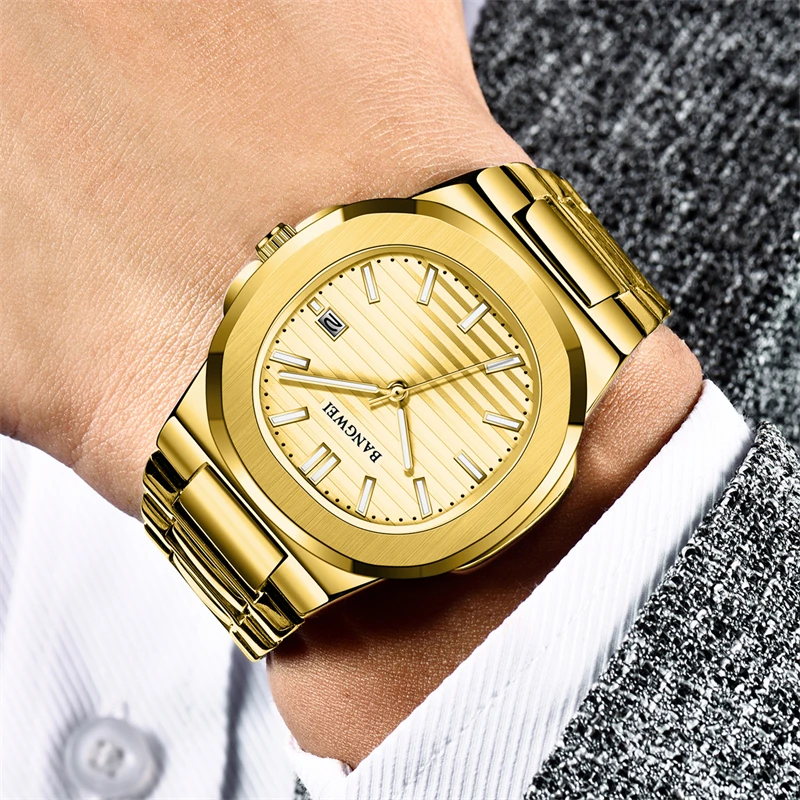 LIGE Stainless Steel Fashion Date Watch Gold Men\'s Watches Luxury Waterproof Business Quartz Movement Wristwatches For Men Clock