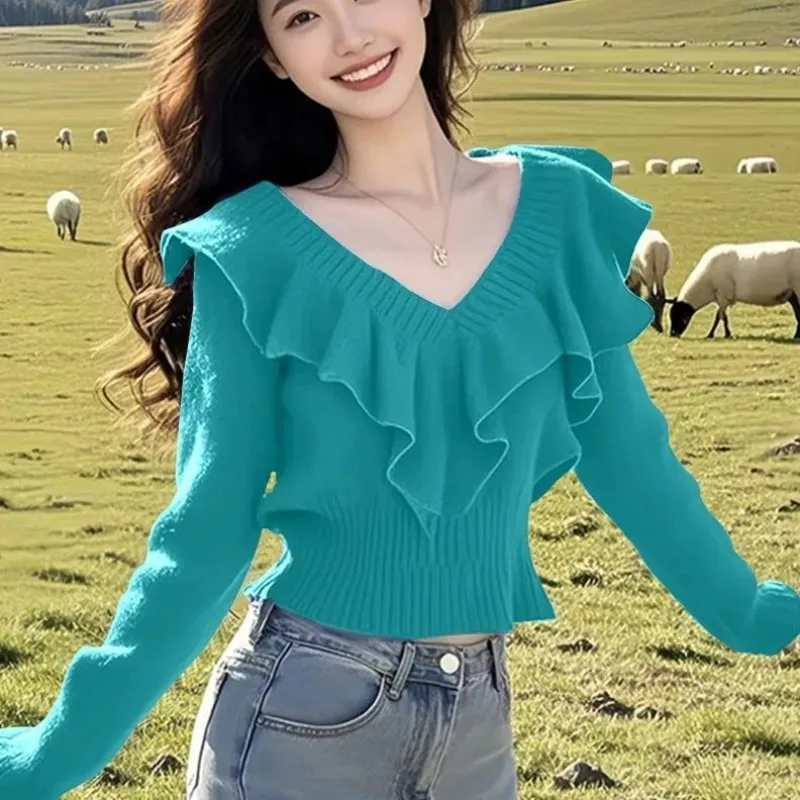 

Dopamine Knitted Sweater Top Women's New Autumn Winter Outfits Short V-neck Sweater with Ruffled Hem and Cinched Waist for Women