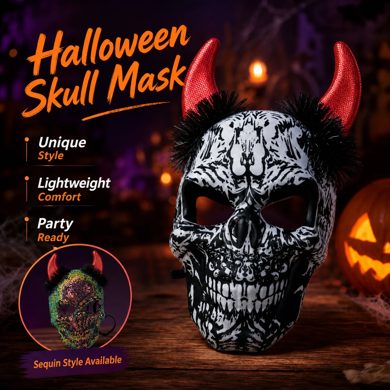 Halloween Devil Horns Skull Mask Sequin Horror Demon Face Cover Scary Cosplay Costume Accessories Masquerade Party Prop