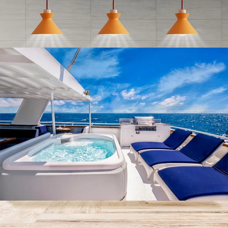 Luxury Motor Yacht Photography Backdrop Yacht With Hot Tub Spa Deck Chairs And BBQ Facilities Background Party Backdrop Wall