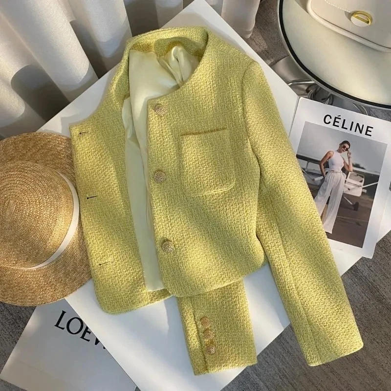 Ladies Short Jacket 2026 Spring Autumn Single Row Buckle Elegant Lady Outerwear Korean Version Coarse Tweed Women's Short Tops