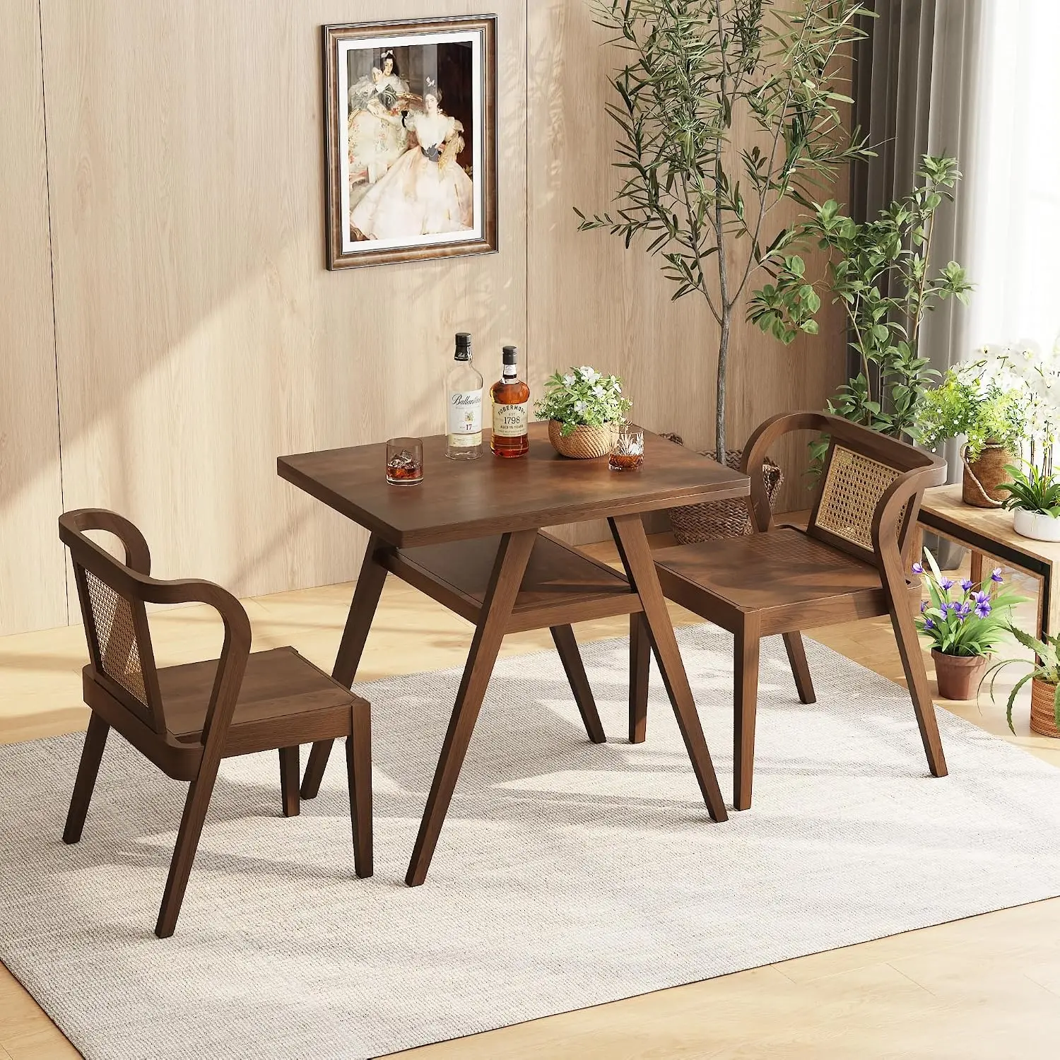 Wood Rattan Bistro Table Chair Set of 3, Stackable Dining Furniture, Customized