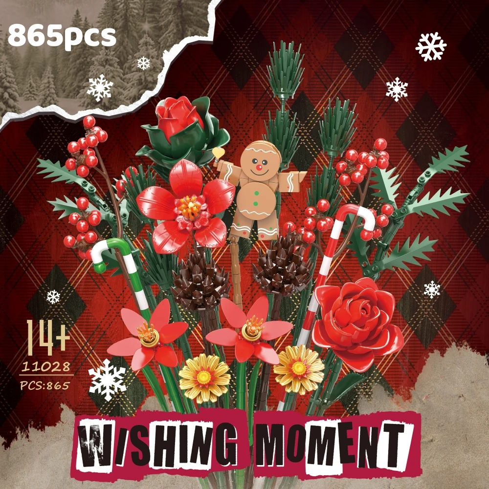 865PCS Creative Christmas Roses Bouquet Building Blocks Set Gingerbread Dolls Assembly Model Kit Christmas Birthday Gifts Toy