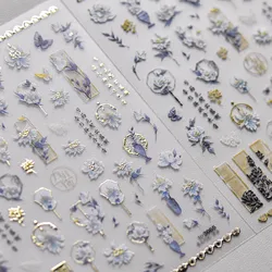 Autocollants 5D réalistes pour nail art, breloques de manucure, poterie en éventail, fleurs exquises, décalcomanies Adheisve, se diversifier, bleu et blanc, instituts de prairie et de Chine
