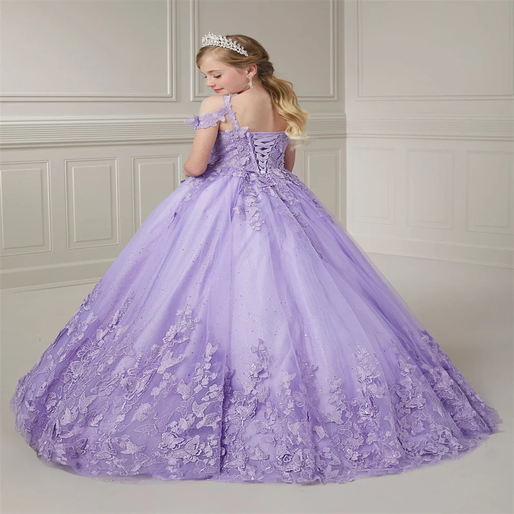 Flower Girl Dress Lilac Puffy Wedding Tulle With  Applique Thin Shoulder Strap Princess Dresses Kids Party Birthday Ball Gown