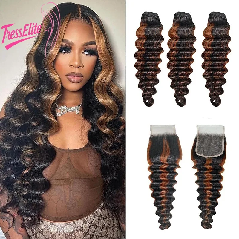 

Premium T1b/30 Loose Deep Wave Human Hair 3 Bundles + 1 Closure Soft Bouncy Light Weight High Quality 100% Unprocessed