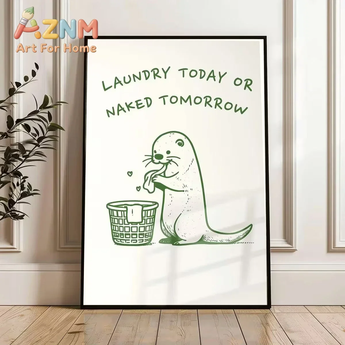 AZNM Laundry Today Or Naked Tomorrow Canvas Wall Art, Cute Otter Line Drawing Funny Laundry Room Quote Print, Frameless Canvas P