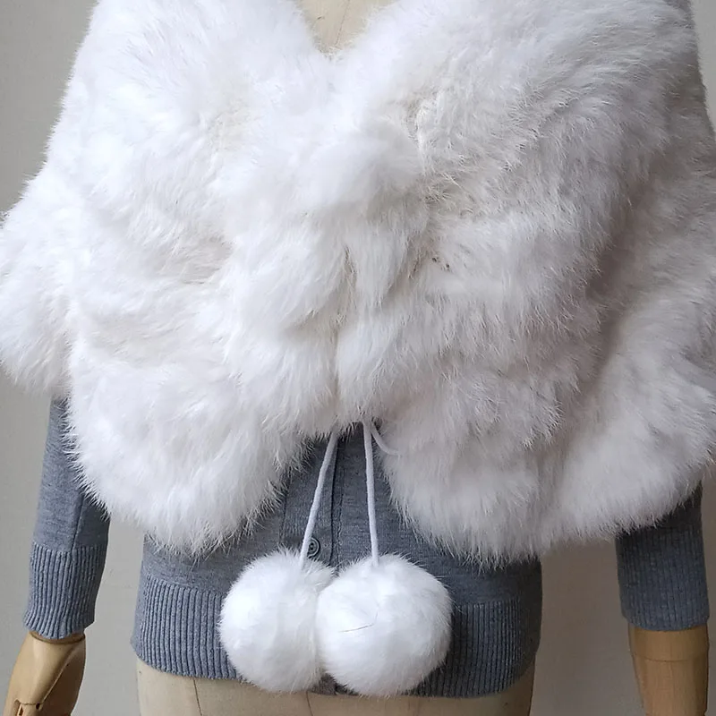 Women Warm Thick Real Rabbit Fur Wrap Shawl With Real Fur Pom pom Fashion Winter Luxury Genuine Fur Cape Female High Quality