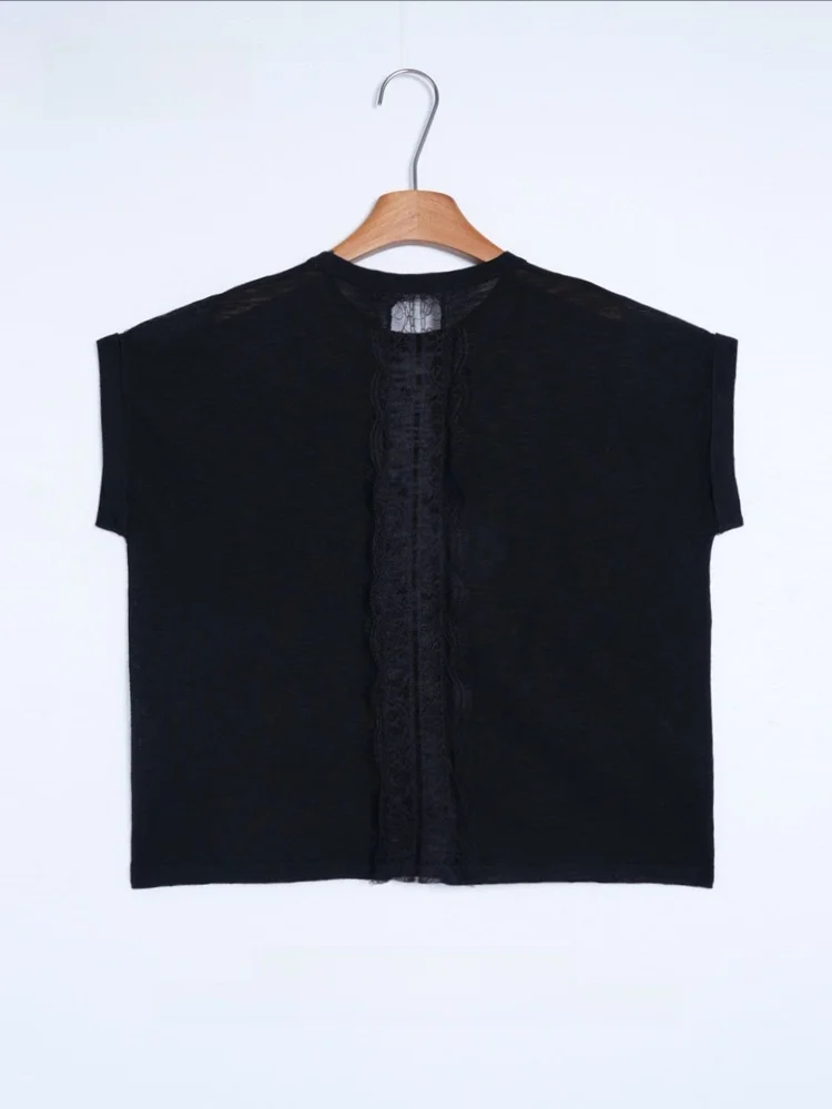 GZQJ Zomer Nieuwe Sle Losse Kant Micro Transparante Gebreide Top vrouwen Faionable ort Sve ronde Ne Trui irt