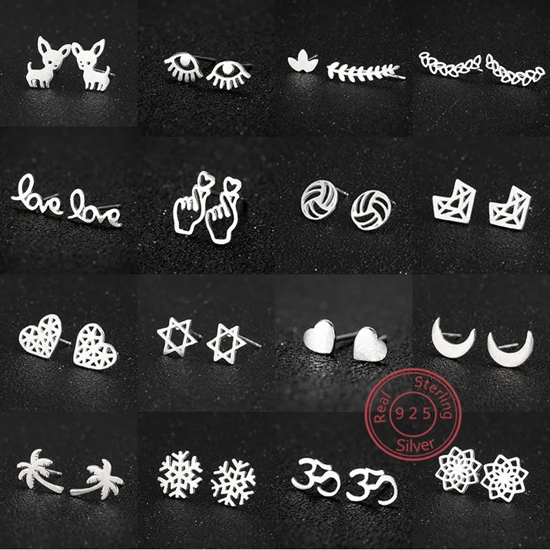 Minimalist Silver 925 Mini Stud Earrings Women Cute Chihuahua Dog Earings Volleyball Heart Mandala Planet Ear Studs Fine Jewelry