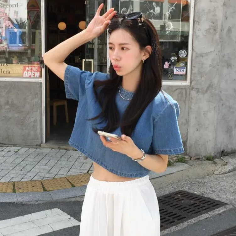 

2026 New Chic Retro Blue Denim Short Sleeve Comfortable Versatile Women's Top Fashionable Retro Style round Neck Short Length