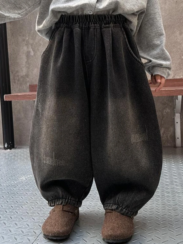Boys Retro Fleece Lined Jeans Kids Winter Thick Warm Denim Pants Fashion Trendy Children Casual Trousers