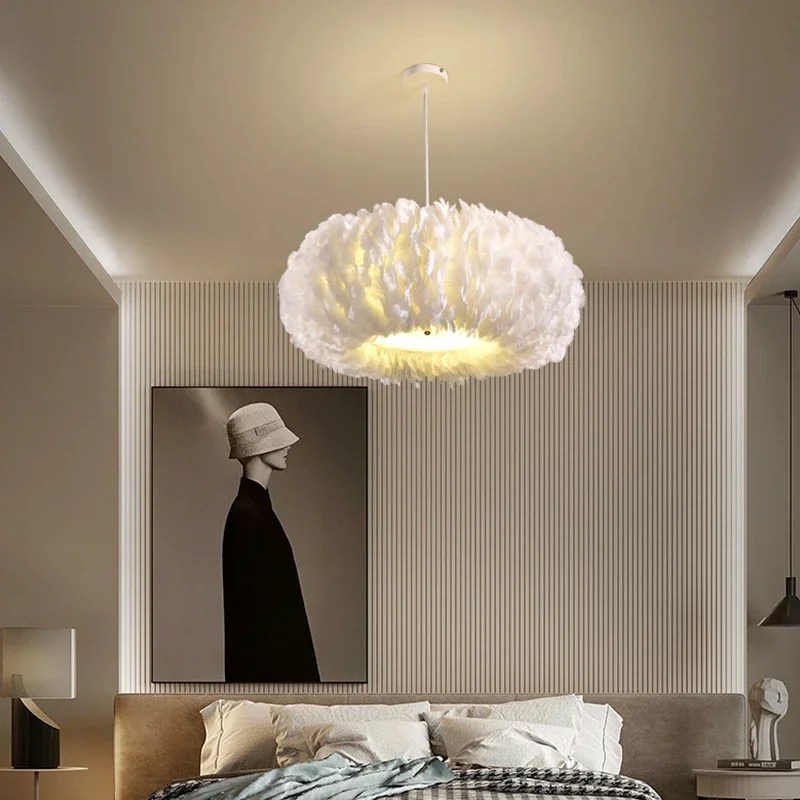 2024 Nordic Led Feather Chandelier Living Room Bedroom White Pendant Chandelier Feathers Pendant Lights Home Decor Lighting