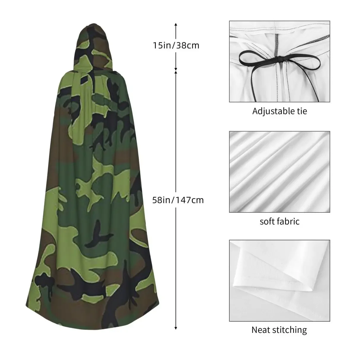الجيش كامو طويل مقنعين عباءة الساحرة القرون الوسطى زي تأثيري كيب هالوين مصاص دماء الكبار للجنسين
