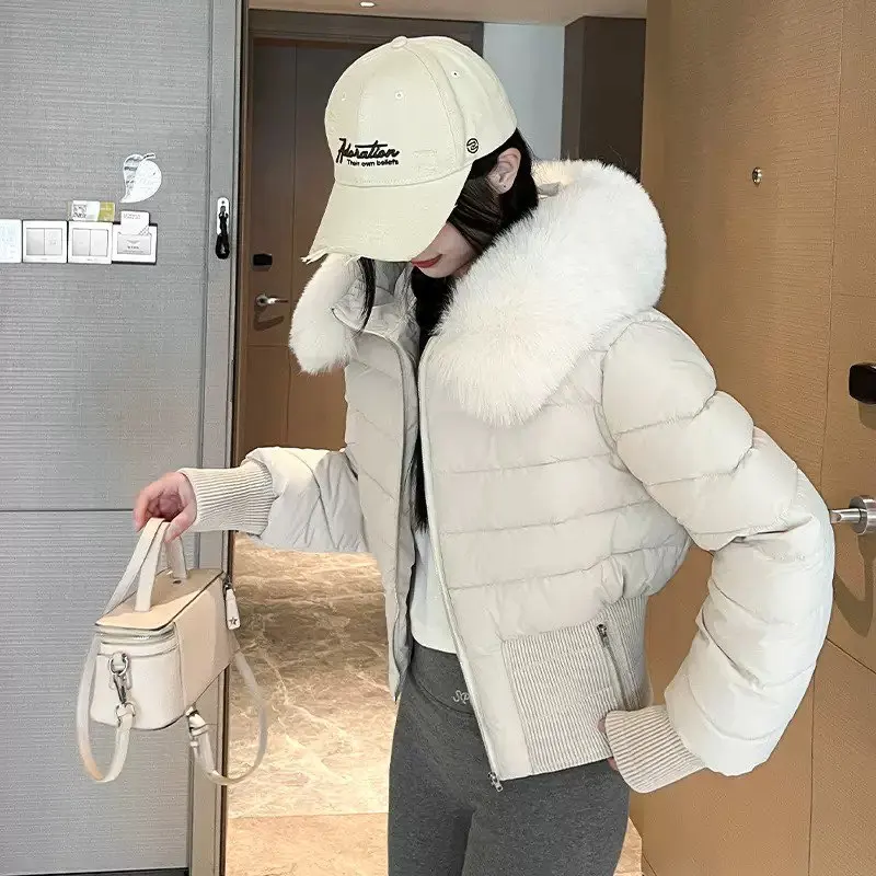 2025 Streetwear Slim Winter Short Parkas High-waist Cotton Padded Jacket Women's Hooded Fur Collar Thick Warm Student Outwear