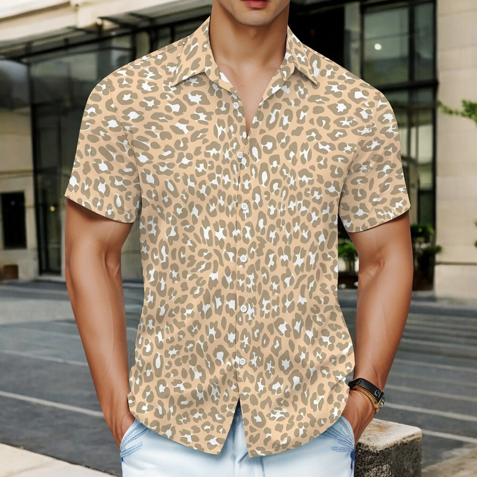 

YEAE Khaki Leopard Print Shirt for Men Summer Casual Short Sleeve Top