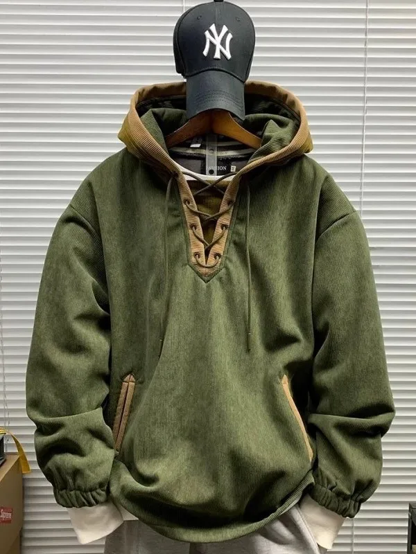 Loose Fit Hoodie Sweatshirt Unisex Large Size 300 Pounds Retro Striped Decorative Belted Autumn Winter Cotton Casual Wear