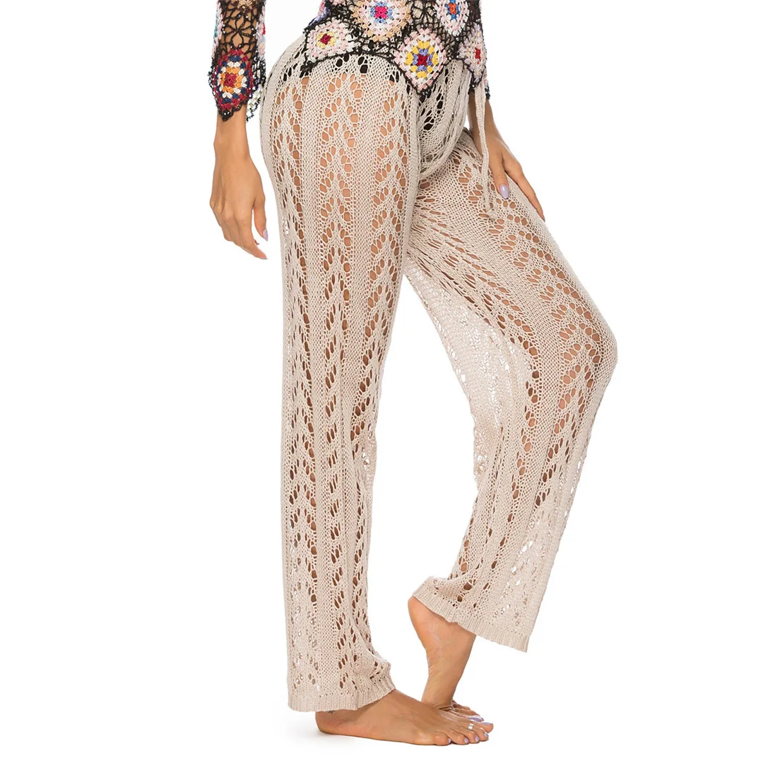 S - XL Damen-Häkel-Strick-Strandhose, ausgehöhlte, elastische, gerade geschnittene, lässige Hose, Urlaub, Strand, weites Bein, Bikini-Überwurf V2651 – Detail 31