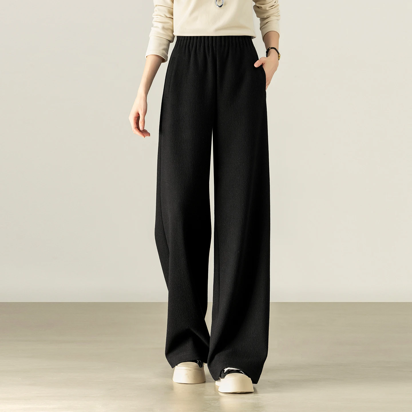 SENTUBILA Women's Wide Leg Pants 2026 Spring Wool Silk Blend Elastic Waist Straight Trousers Office Lady Loose Pant 154K80518