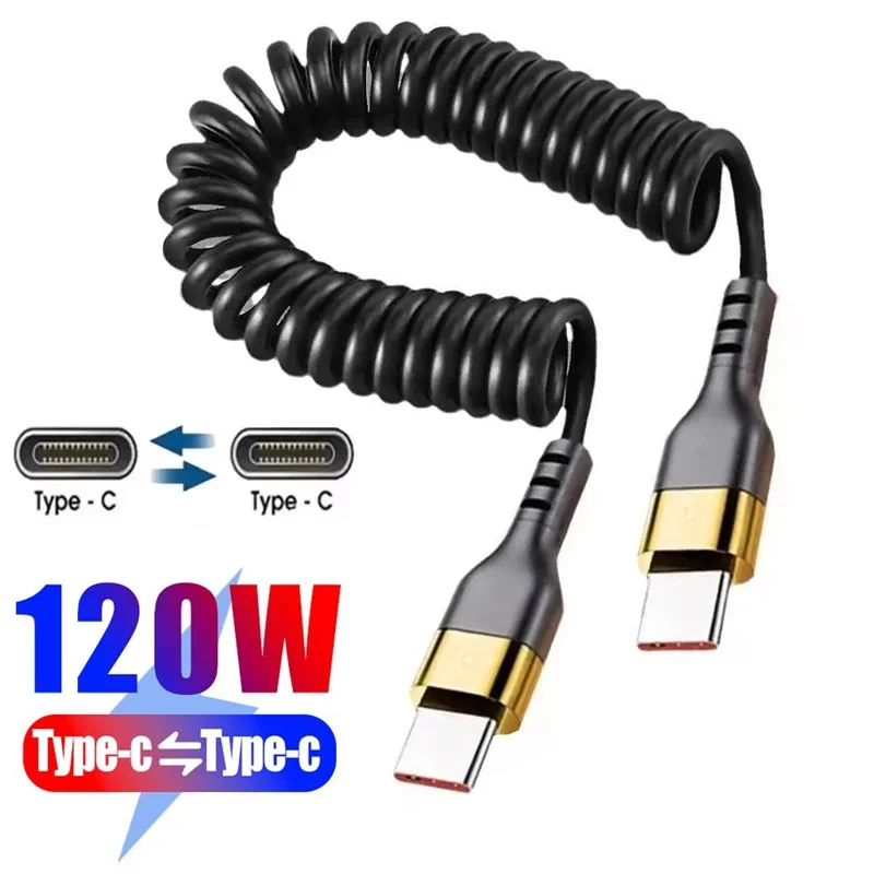 PD 120W Car Type C Spring Cable 5A Fast Charging Type C to Type C Telescopic Cable For iPhone Huawei Xiaomi Redmi OnePlus Realme