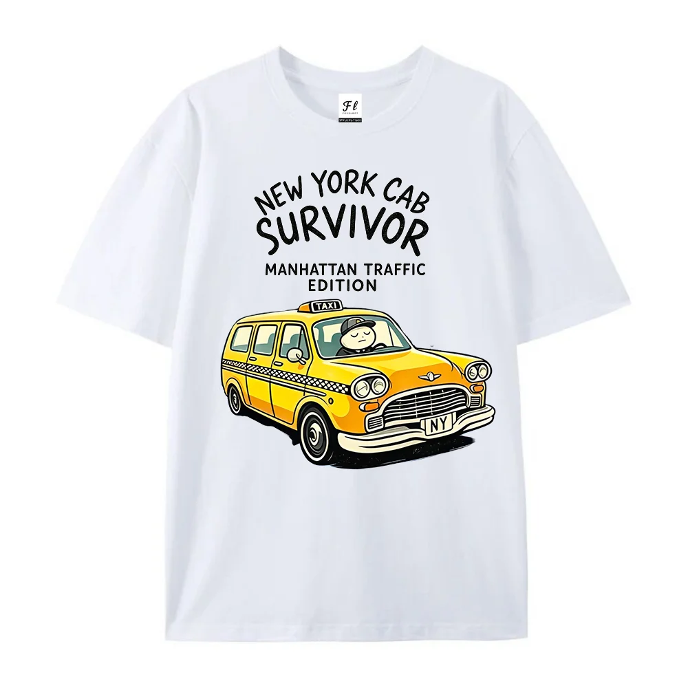 New York Cab Survivor Graphic Shirt Retro Yellow Taxi Manhattan Traffic Print Casual Short Sleeve Urban Meme Funny Streetwear