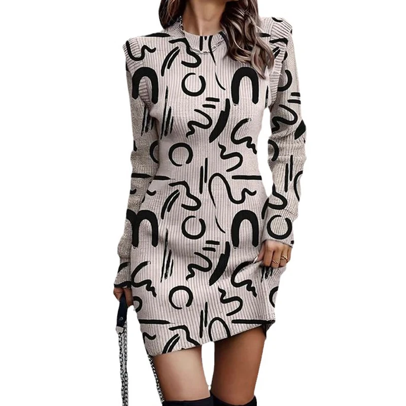 

Spring Autumn Fashion Printing Long Sleeve Tight Dress Women High Street Casual Slim Sexy Elegant Youth All-match Midi Dresses